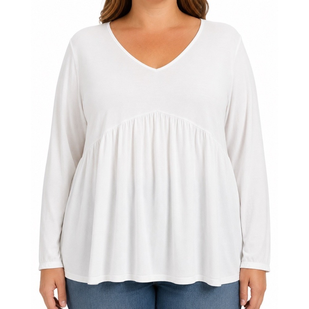 Qfeefan Plus Size Womens White Peplum Babydoll Blouse Top Long Sleeve XL
